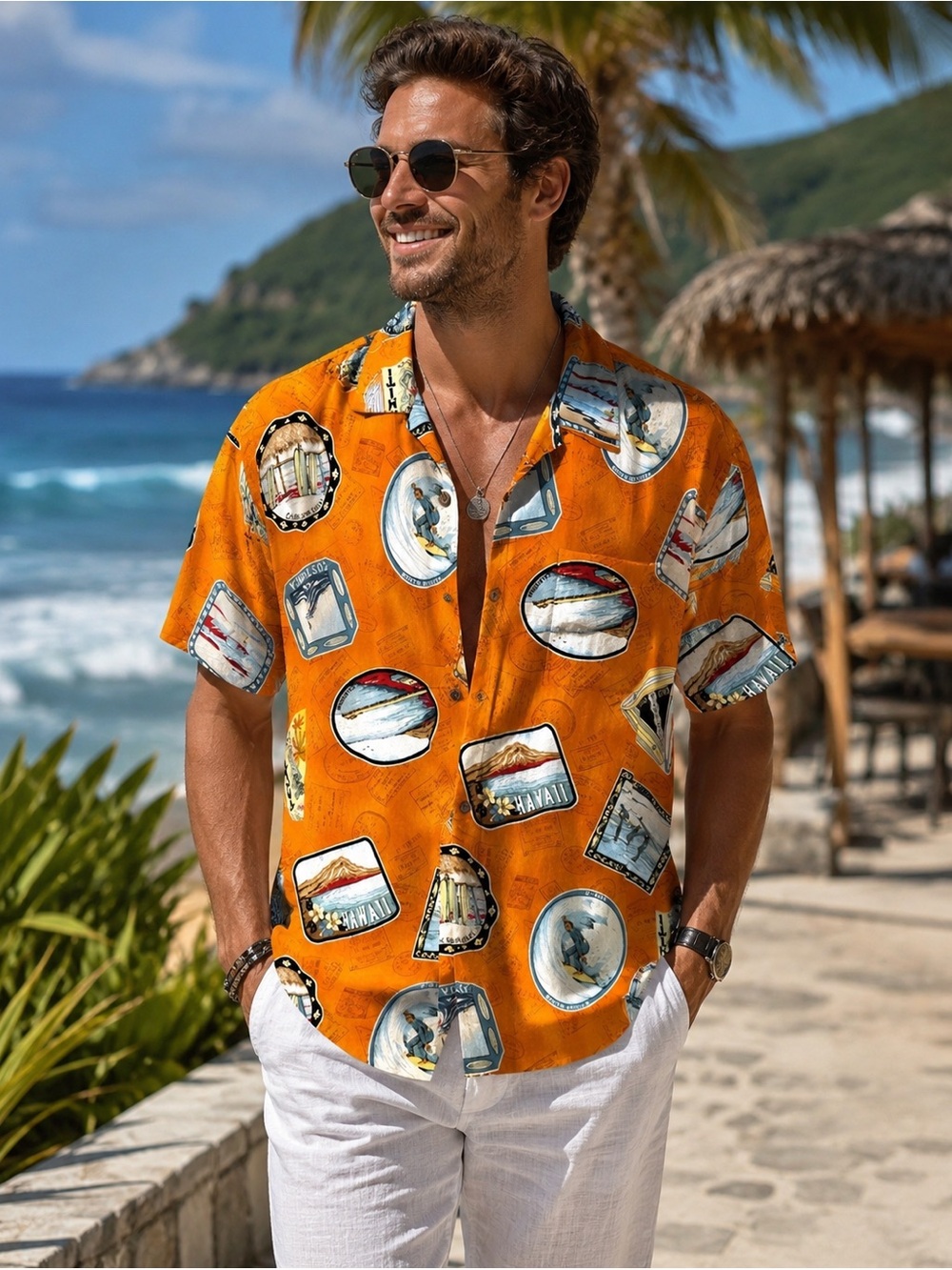 VTG Toes on the Nose Hawaiian Shirt Orange Travel Stamp Volcano Surf XL